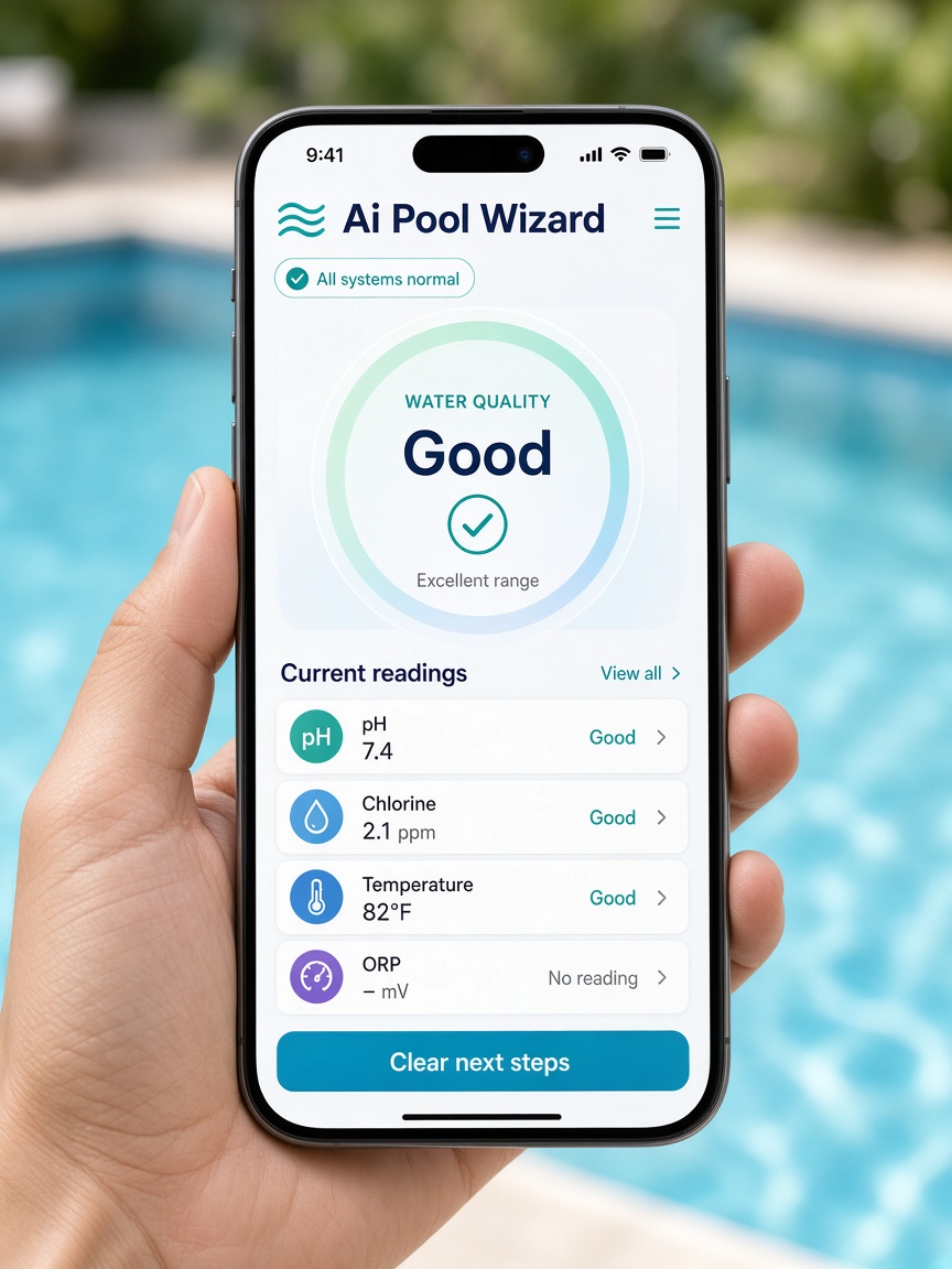 iPhone showing the Ai Pool Wizard app by a pool